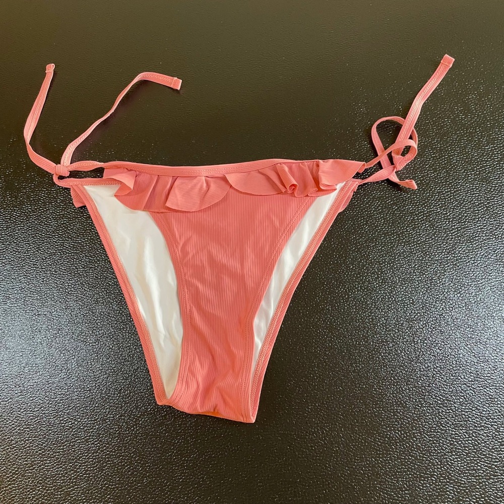 Womens Ribbed Ruffle Swimsuit Bottoms Tie Side Bikini Coral Pink‎ Size Medium